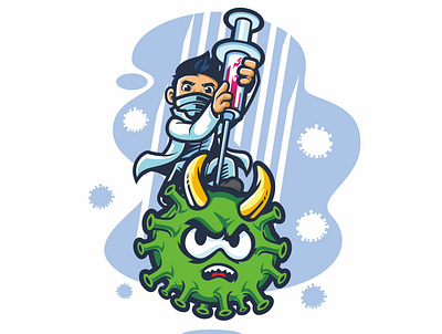 doctor fight covid19 with vaccine cartoon cool corona virus covid19 design doctor illustration logo mascot mascot mascot character vaccine vector