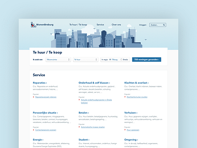 Wonenbreburg - Redesign blue header house illustration rent responsive top task website