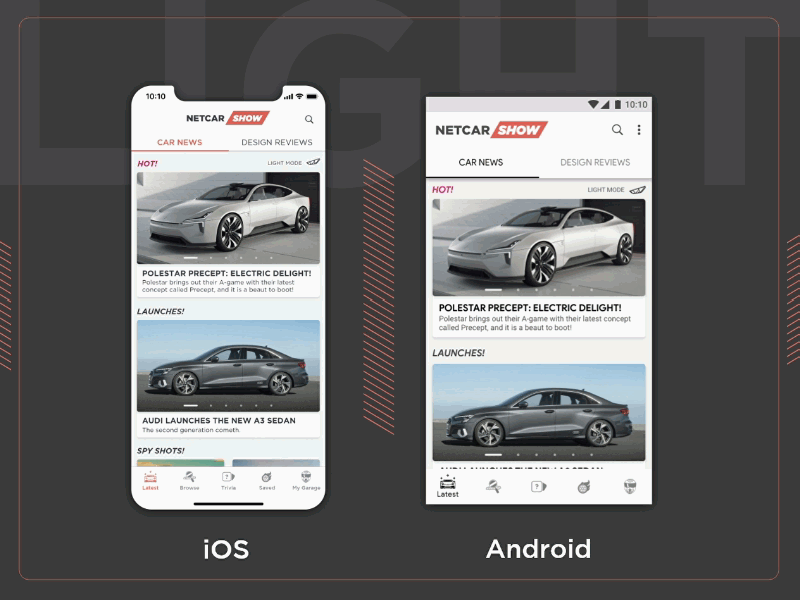 NetCarShow App Redesign Home Screens - Light and Dark Modes adobe photoshop adobe xd adobexd android android app app automotive behance project car dark mode home home screen ios ios app light mode mobile app mobile ui ui design uidesign uiux