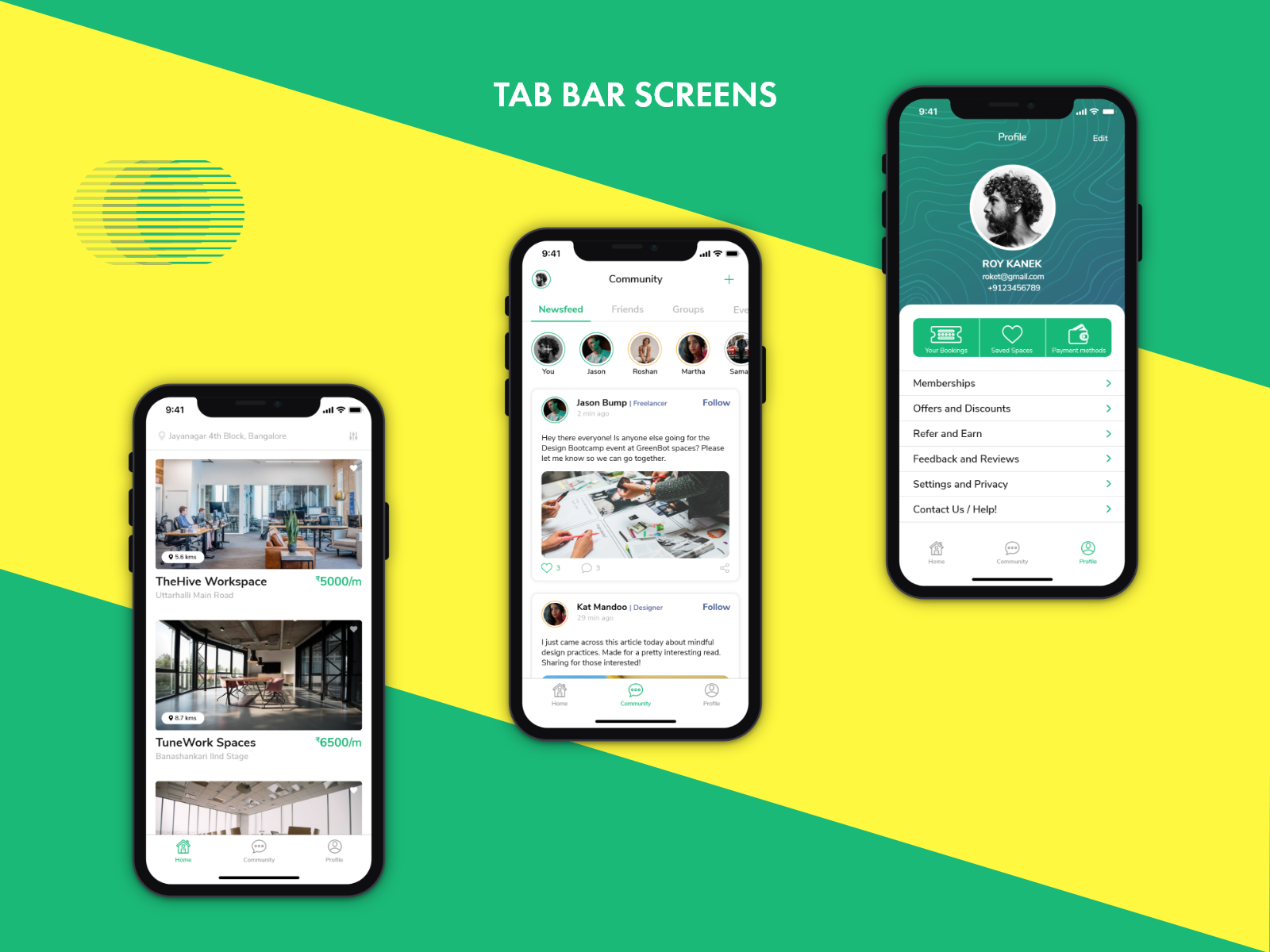 cokeep coworking space app- tab bar screens by aditya