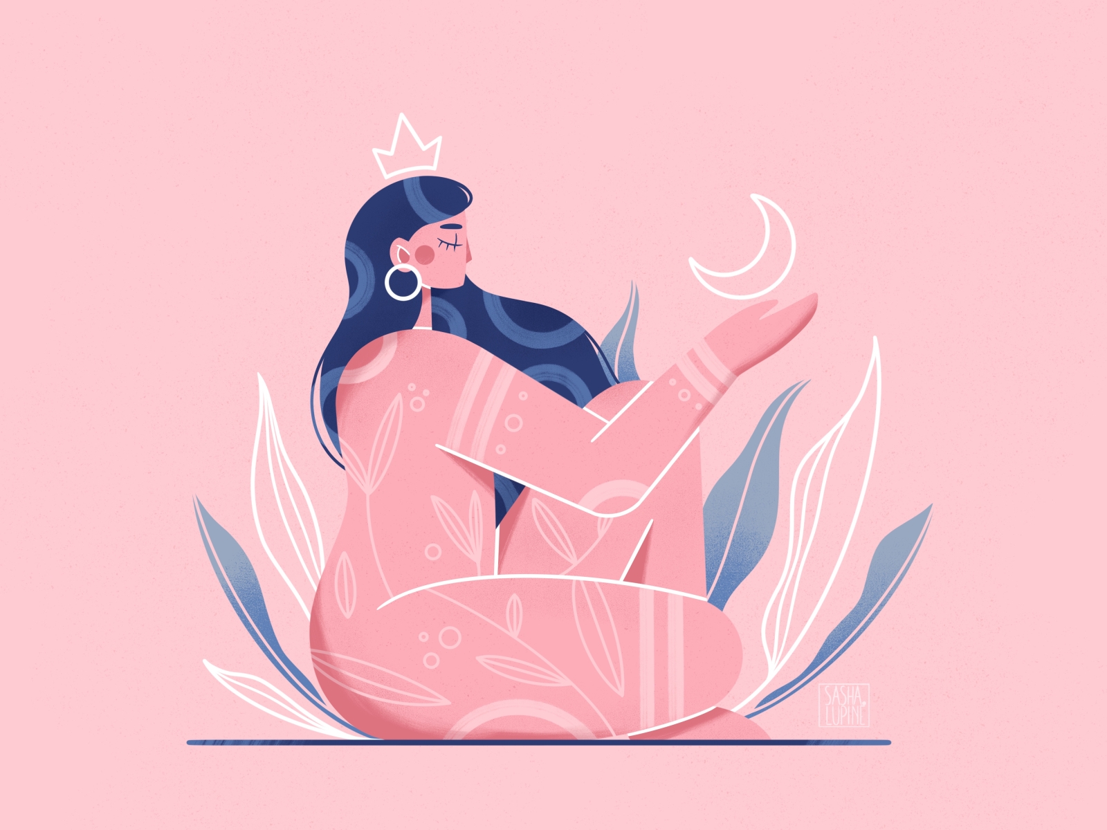 Moonlight Queen body bodypositive characterdesign creative female female character flat illustration illustration natural pink plant procreate