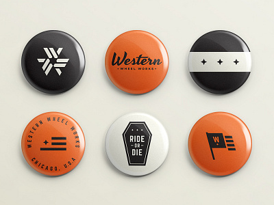 Pushing Buttons badge brand button logo monogram orange pin retro
