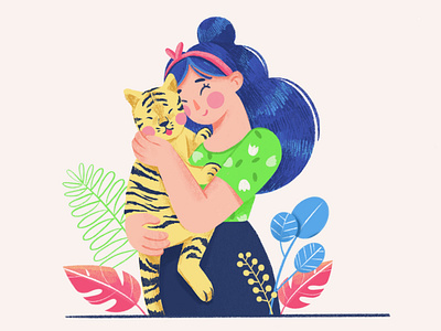 A lady with a tiger cub 💛 2d character characterdesign digitalart drawing dtiys illustration sunday