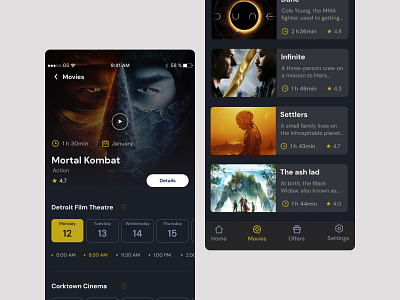 Ticket reservation app dark interface movie ui