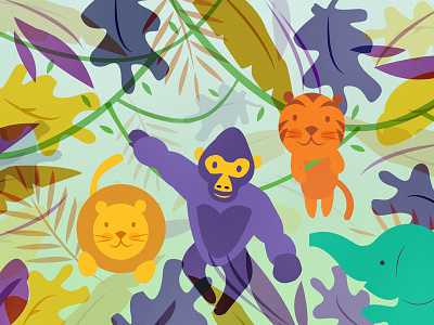 Jungle Boogie elephant gorilla illustration jungle kids leaves lion purple tiger