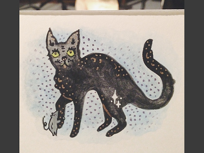 Goofy Spooky black cat gouache halloween illustration mouse