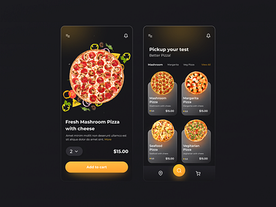 Pizza App UI Design 2022trends app darkthemeui foodapp glassmorphism ui uimob uiux2022 ux