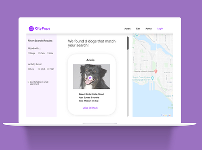 CityPups dog landing page pet adoption pet app pets search result ui website design