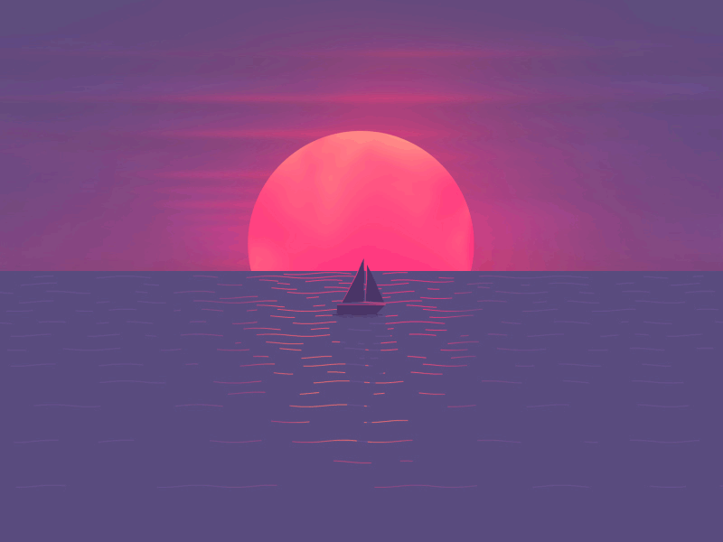 Sunset On A Beach - GIF animation birds boat photoshop sail sun sunset texture water waves