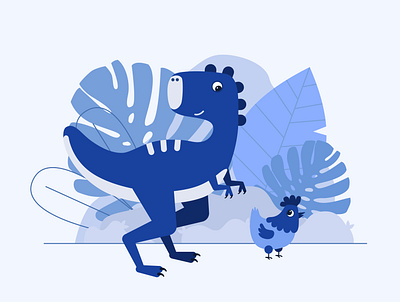 Dino and confused chicken blue character character design chicken design dinosaur dinosaurio flat illustration illustrator ui vector