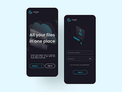 Central Cloud Sign In app app design cloud cloud app design forgot password login design login form login page login ui mobile ui register register form registration page sign sign in sign up storage app ui