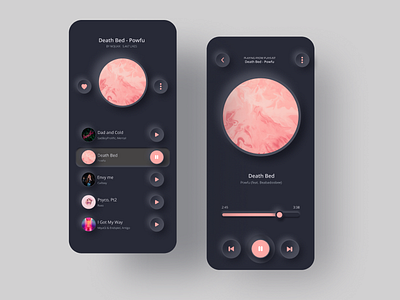 Music app UI (Dark mode) app dark mode dark theme dark ui design minimal music app neumorphism skeumorphism trend