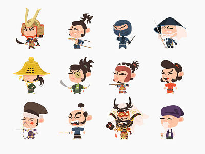 Samurai Characters Icons art asia asian black cartoon character culture design icon illustration japan japanese mask samurai sign sword symbol traditional vector warrior