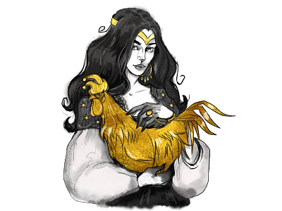 Shamohan queen and golden cockerel graphic design illustration ink drawing queen