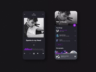 Music Player App UI adobe xd animated artist dark mode dark ui mobile app music music player ui playlist soundwave uiux vinyl violet