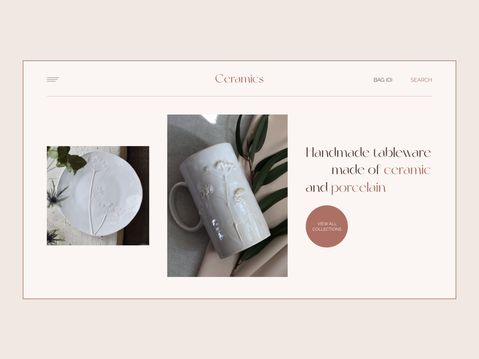 Home screen of the online store of handmade ceramic tableware by