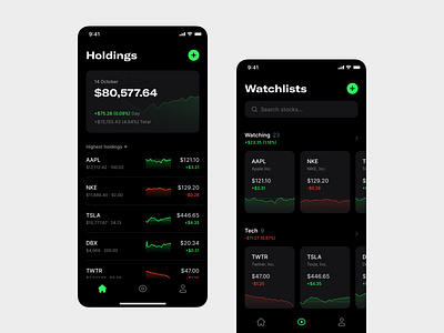 Stocks app clean dark mode dashboard finance list minimal mobile simple stocks ui ux