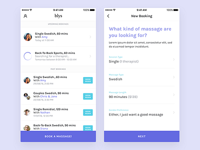 Blys App app book clean freelance ios list mobile simple ui ux
