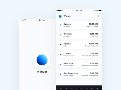 Wander - Beautiful World Time App app ios minimal simple timezones ui ux world clock world time