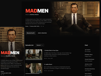 MAD MEN app dark design desktop graphic design minimalist mobile design series sf pro streaming tv show typography ui
