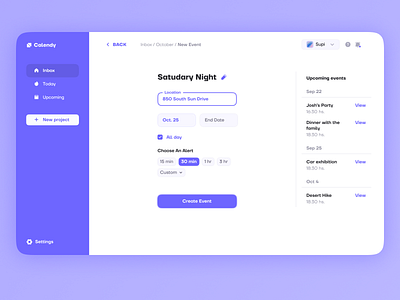 Calendy — Event Manager app dashboard design event manager form graphic design sidebar task typography ui