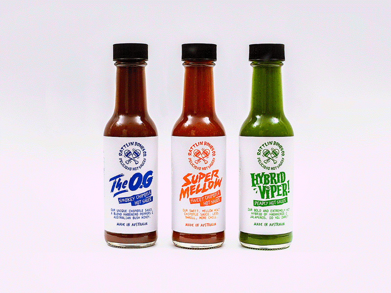 Rattlin' Bones beer bottles branding chilli chilli sauce hot sauce label design packaging packaging design product design skate surf