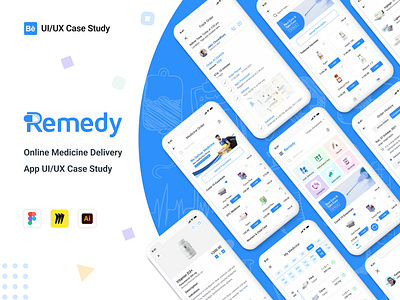 Remedy-Online Medicine Delivery App-UI/UX Case Study branding case study figma flat medical app design medicine delivery app minimal mobile app design mobile application product design prototype ui user interface ux ux case study uxui wireframe