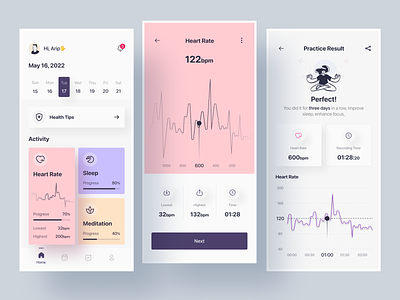 Health Care - Mobile Apps 3d apps breath rate calm care futuristic health hearth rate interface landing page meditation minimalism mobile pastel color relax tracker uidesign uiux website