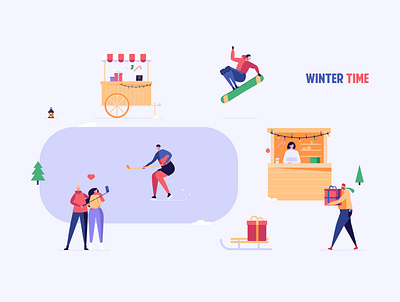 Concept of winter activities and Christmas fair activity christmas design fair illustration market selfie snowboarding vector winter xmas