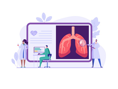 Group of medical workers diagnose lung problems analysis branding design diagnostic illustration medical research service vector