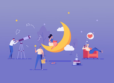 Night dreaming concept astrology astronomy book design dream dreaming illustration night reading telescope vector wish wishes