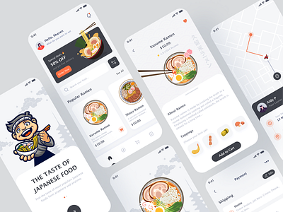 Food Delivery - Ramen clean courier delivery delivery app food food delivery illustration maps mobile app on boarding payment ramen ui uiux ux