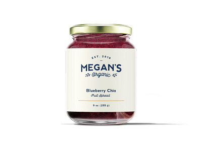 Megan's Organic Fruit Spread packaging design concept blueberry chia est. food fruit spread label leaves mockup organic packaging