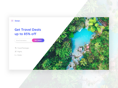Seeqr travel deals landing page angle blue desktop gradient homepage lagoon mockup rounded corners travel travel deals tropical ui