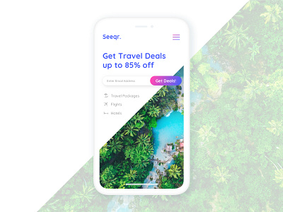 Mobile version of seeqr. deals gradient icons iphonex landing mobile travel travel deals tropical ux vacation