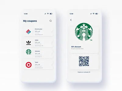 Coupons App app branding coupons design discount flat minimal minimalistic mobile app mobile app design mobile design mobile ui mockup modern redeem redeem coupon rewards rewards app ui ux