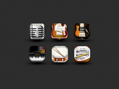 Finished Icon Set app icon black branding chrome fender gray grey icon icon design icons instrument icon ios icon microphone music orange print red silver wood yellow