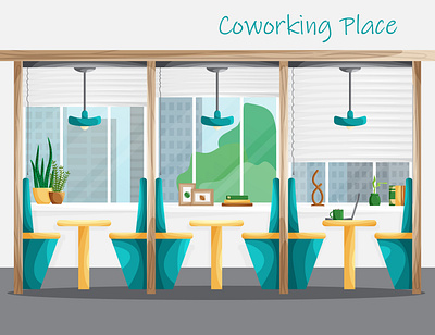 Coworking flat interior design with workplaces and city view background business cartoon co working coworking design flat flat design furniture illustration interior meeting room modern room workspace workspaces