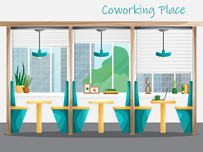 Coworking flat interior design with workplaces and city view