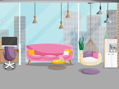 Co-working space interior in cartoon flat style background cartoon co working concept coworking space design flat flat design furniture illustration interior loft style networking technology vector workspace