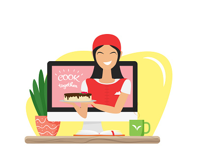 Happy Asian woman making a blog about healthy desserts blogger cartoon channel character character design concept cook design flat freelance freelancer hobby home home office illustration quarantine stay home vector vector art video blog