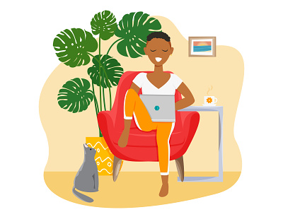African handsome girl is freelancer and working at home businesswoman cartoon character character design concept design flat flat character design flat design freelance design freelance illustrator freelancer home home office house illustration interior stay home vector work at home
