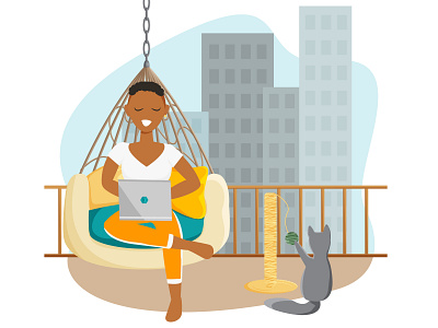 A handsome woman is working in laptop and sitting in a hammock african american african woman background british shorthair cartoon character character design city background concept concept design design female character flat flat design freelancer home illustration interior interior design vector