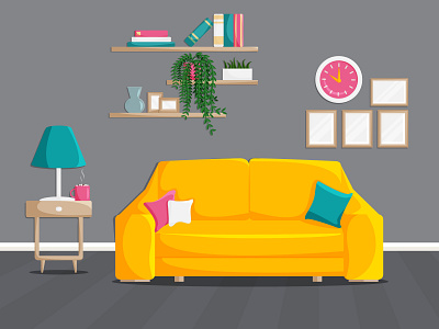 Flat Interior of living room with modern furniture and decor background couch decor design flat furniture home house illustration indoor interior living living room lounge room vector yellow