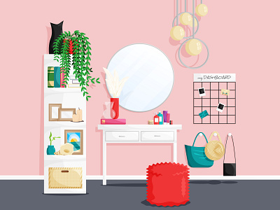 The cozy interior of makeup place at home in cartoon flat style