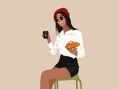Girl with coffee 2d 2d art art character character design characters creative croissant design flat food food and drink girl graphic design illustration illustration art illustrator