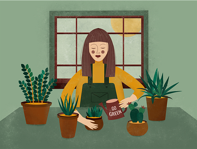 Girl with plants. flat flower illustration flowers girl go green home illustration illustration design illustrations illustrator plant vector vector art