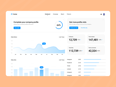 Campaign performance ads app campaign chart clean clean ui dashboard design managment minimalistic promote promoting social media ui