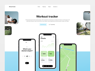 Workout tracker landing app bpm chart clean clean ui demo design free irakli lolashvili landing mobile progress run steps test tracker trail trainer ui workout