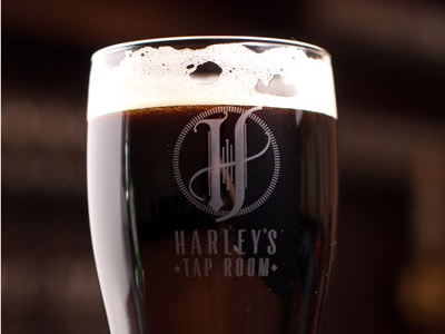 Harley's Tap Room bar beer glass hand drawn lettering logo pint stout tap room